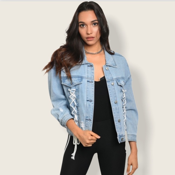 O&O Jackets & Blazers - NEW Light Wash Lace-Up Distressed Denim Jacket